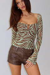 Cielo Mesh Long Sleeve Top Green / Brown Zebra