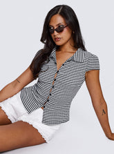Delighted Cap Sleeve Button Up Top Black / White