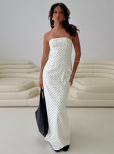 Dovie Linen Blend Strapless Midi Dress Cream Polka