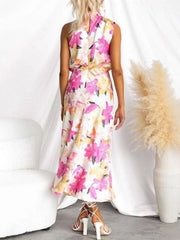 Floral Print High Neck Sleeveless Midi Dress