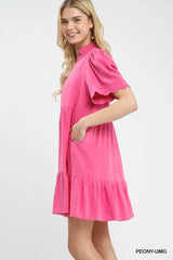 Umgee Linen Tiered Babydoll Dress with Scalloped Sleeves
