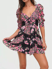 Ruffled Floral Print Half Sleeve Dress