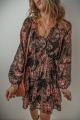 Floral Print Tie Neck Mini Dress