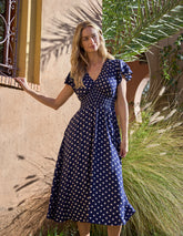 Polka Dot Elastic V Neck Midi Dress