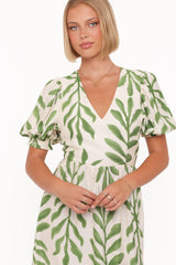 Steele Puff Sleeve Midi Dress - Green Palm