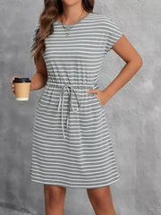 Casual Striped Drawstring Waist Dress