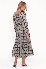 Faris Off Shoulder Midi Dress - Black Geo