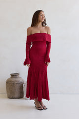 Here For Love Off Shoulder Mesh Maxi Dress Red