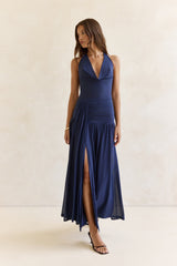 Dancing Skies Mesh Halter Maxi Dress Navy