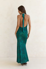 Tangled Vines Mesh Halter Maxi Dress Green