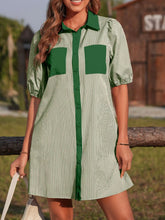 Stripe Color Block Patchwork Shirt Collar Button Down Puff Sleeve Mini Dress
