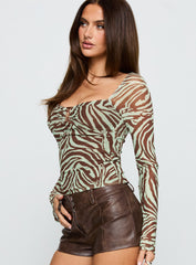 Cielo Mesh Long Sleeve Top Green / Brown Zebra