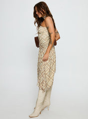 Cambria Strapless Scarf Midi Dress Yellow Check