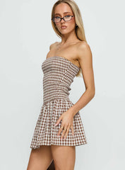 Burnell Shirred Strapless Romper Brown Check