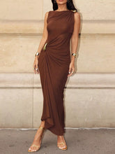 Draped Sleeveless Bodycon Maxi Dress with Metal Decorative