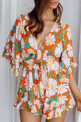 Athira Tied Bust Flared Sleeve Romper Daisy Orange