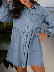 Smocked Cuffs Flared Denim Shirt Mini Dress