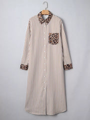 Striped Leopard Print Button Up Shirt Dress