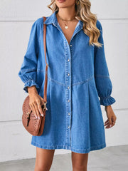 Button-Front Ruffle Cuff Denim Dress