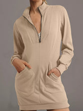 Zip Up Collared Ribbed Patchwork Sweatshirt Dress with Pockets