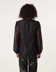 Jacquard Button And Tie Front Blouse