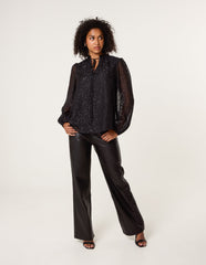 Jacquard Button And Tie Front Blouse