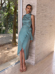 Scallop-Print Sleeveless Mock Neck Wrap Midi Dress