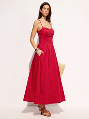 Cotton Blend Pocketed Cami Flared Maxi Dress