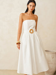 Strapless Cotton Linen Belted Maxi Dress