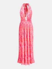 Watercolor Print Pleated Halter Maxi Dress