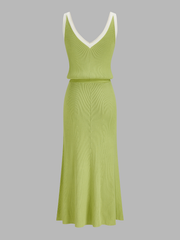 Contrast Trim Slit-Front Ribbed Knit Maxi Dress