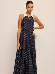 Polka Dot Contrast Collar Cotton Linen Dress