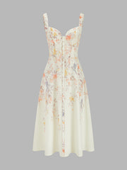 Floral Bird Print Bustier Strap Midi Dress