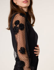 Turtle Neck Jumper With Mesh Polka Dot And Flower Detailed Sleeves