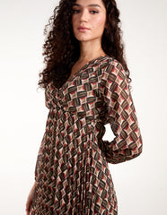 Geometric Print Wrap Front Pleated Dress
