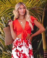 Fluttering Heart Tie Front Crop Top - Flame