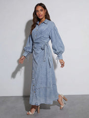 Luzie Waist Tie Denim Maxi Dress - blue