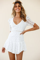 Adelia Ruched Puff Sleeve Floral Embroidery Dress White