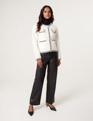 Fluffy Knit Contrast Trim Button Front Cardigan