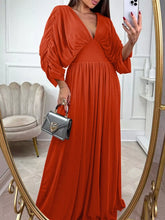 Ruched Sleeve V-Neck Maxi Dress