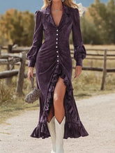 Velvet Ruffle Slit Midi Dress