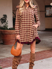 Plaid Print Ruffled Long Sleeve Patchwork Hem Mini Shirt Dress