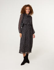 Polka Dot Tie Neck Midi Dress
