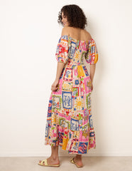 Postcard Tie Front Bardot Shirred Midi Dress