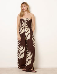 Printed Bandeau Tie Neck Shirred Jumpsuit