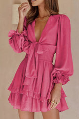 Elegant Tie-Front Ruffle Mini Dress with Smocked Wiast