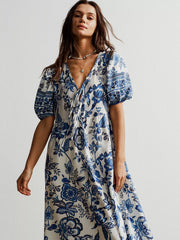 Floral Print Tie-Neck Puff Sleeve Maxi Dress