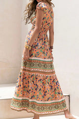 Smocked Printed V-Neck Cap Sleeve Dress