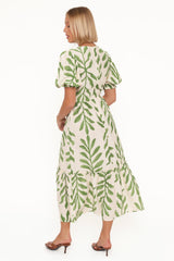 Steele Puff Sleeve Midi Dress - Green Palm