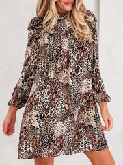 Leopard Ruffled Detail Long Sleeve Loose Mini Dress